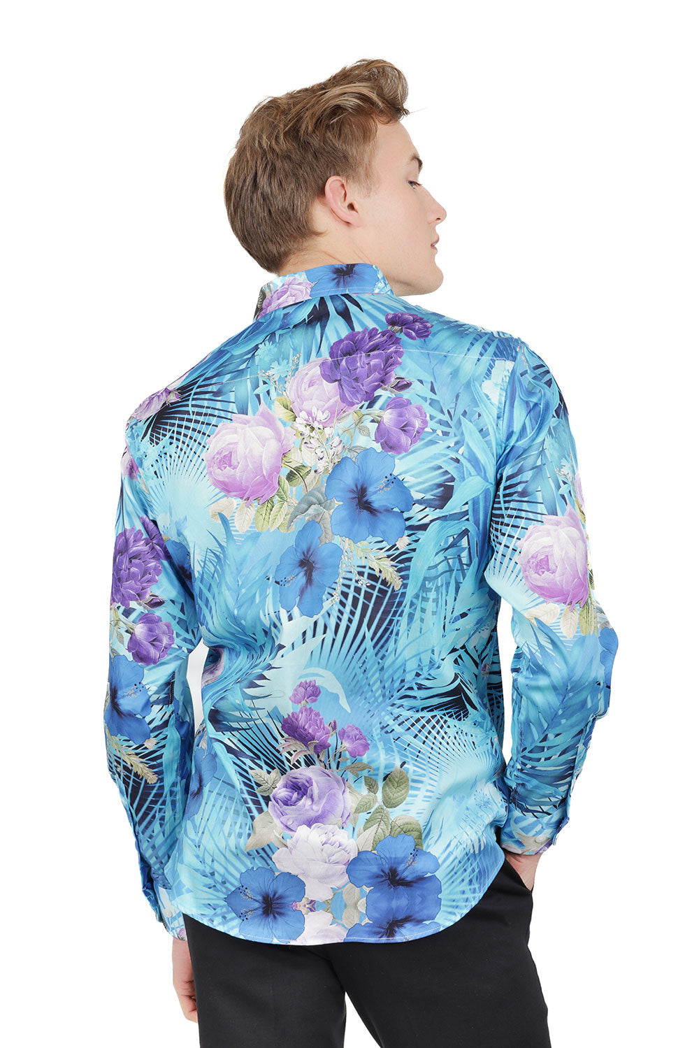 Barabas Men's Floral Print Design Luxury Button Down Shirt SP14 Blue