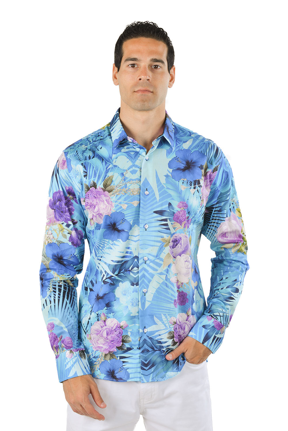 Barabas Men's Floral Print Design Luxury Button Down Shirt SP14 Blue