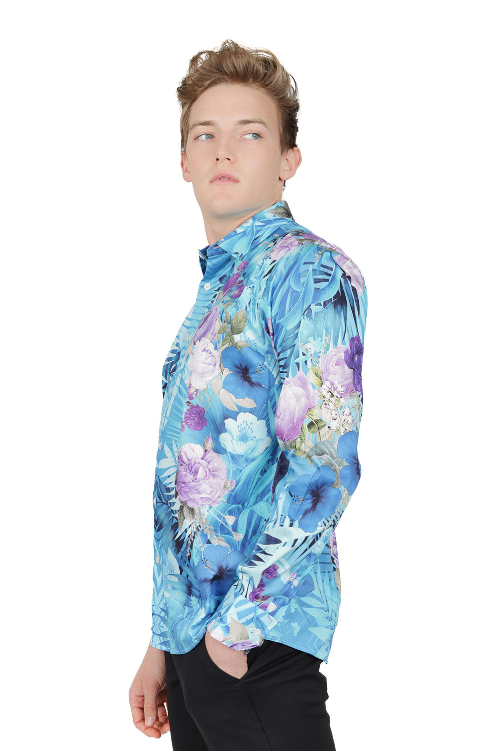 Barabas Men's Floral Print Design Luxury Button Down Shirt SP14 Blue