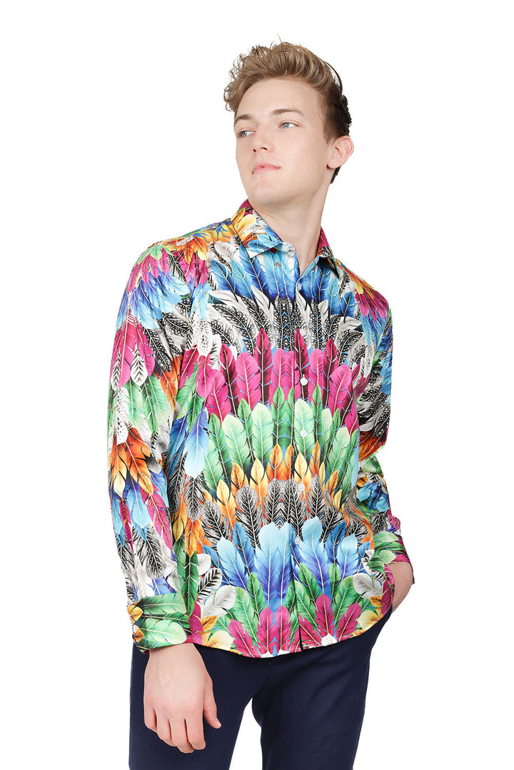 Barabas Men's Feather Printed Design Luxury Long Sleeves Shirts SP15
