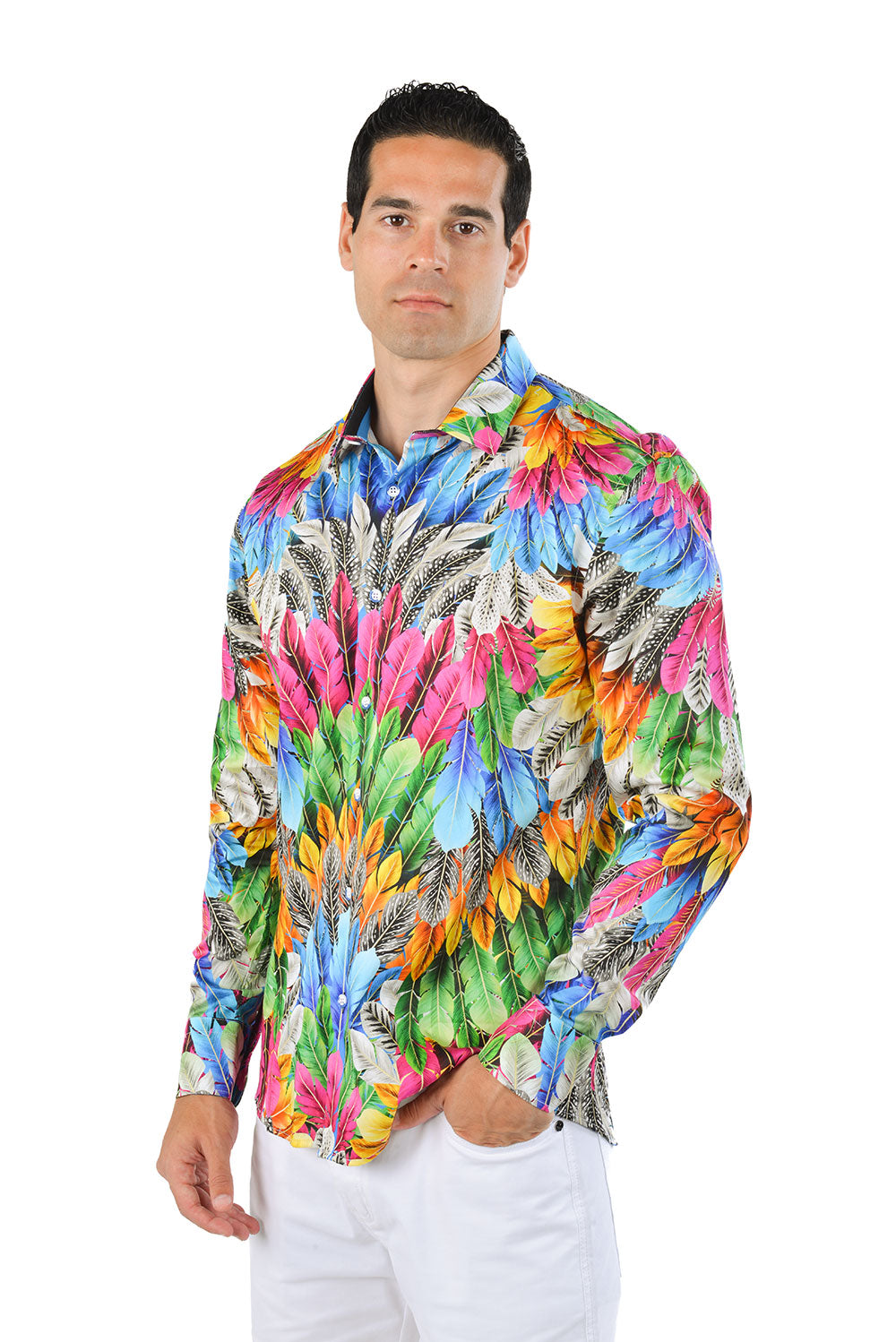 Barabas Men's Feather Printed Design Luxury Long Sleeves Shirts SP15