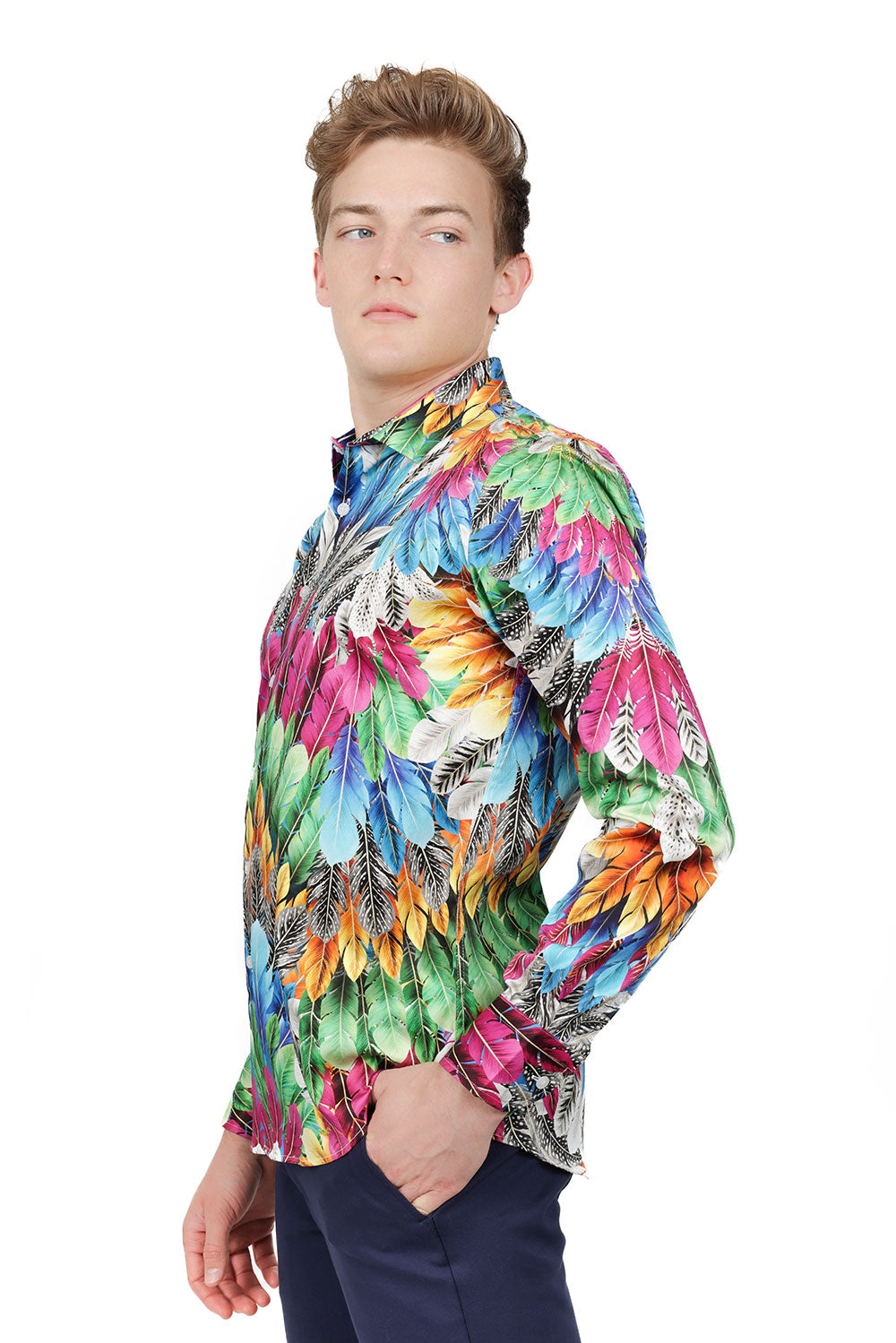 Barabas Men's Feather Printed Design Luxury Long Sleeves Shirts SP15