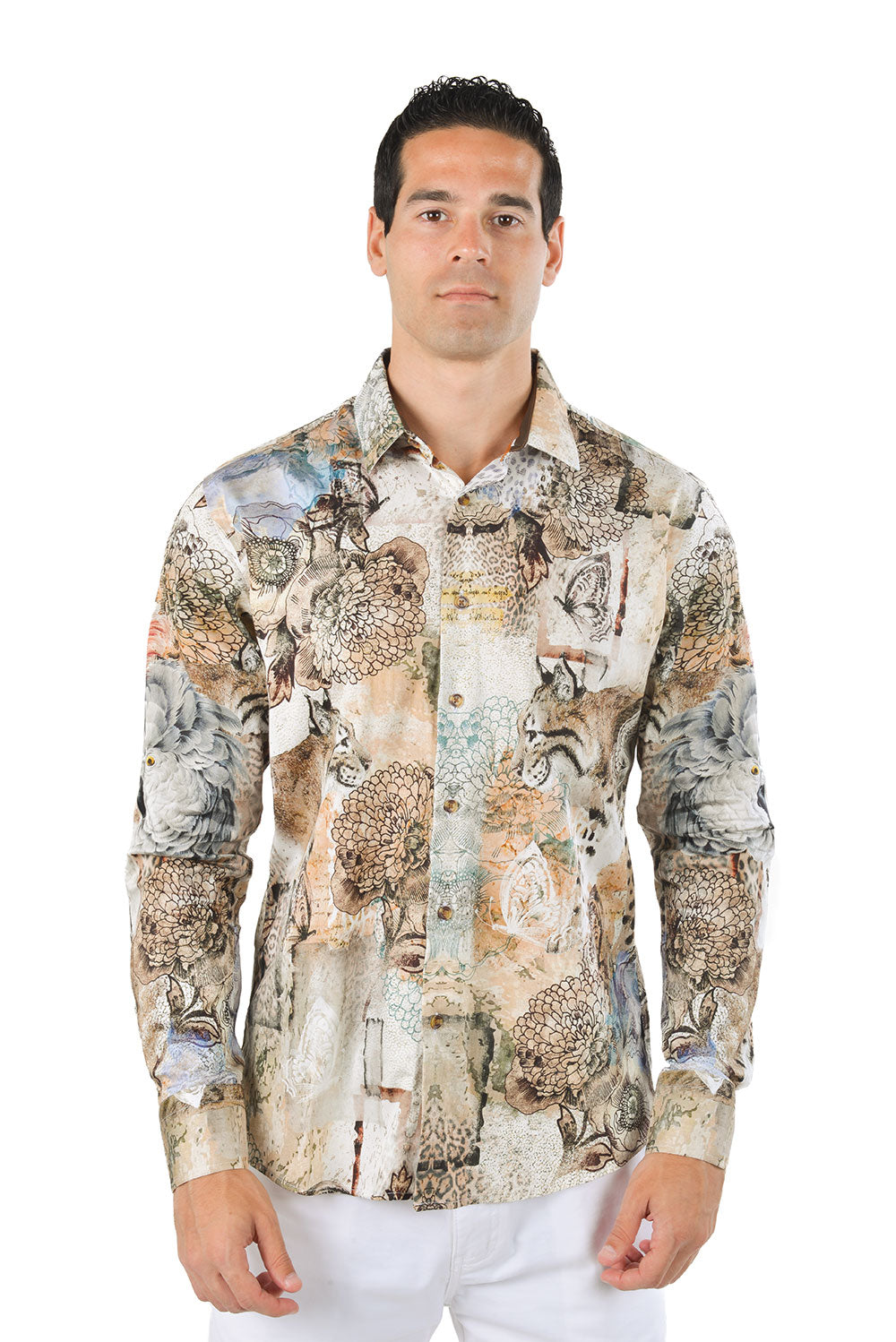 BARABAS Men's Wild Cat Floral Luxury Button Long Sleeve Shirt SP16