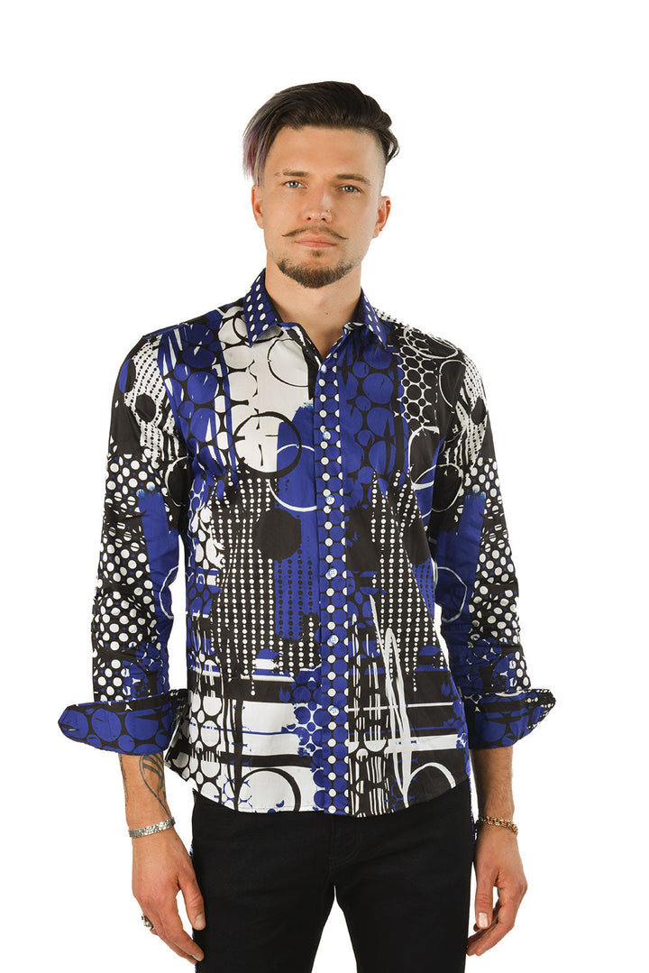 Barabas Men's Oval Geo Prints Design Luxury Button Down Shirt SP17 Blue white
