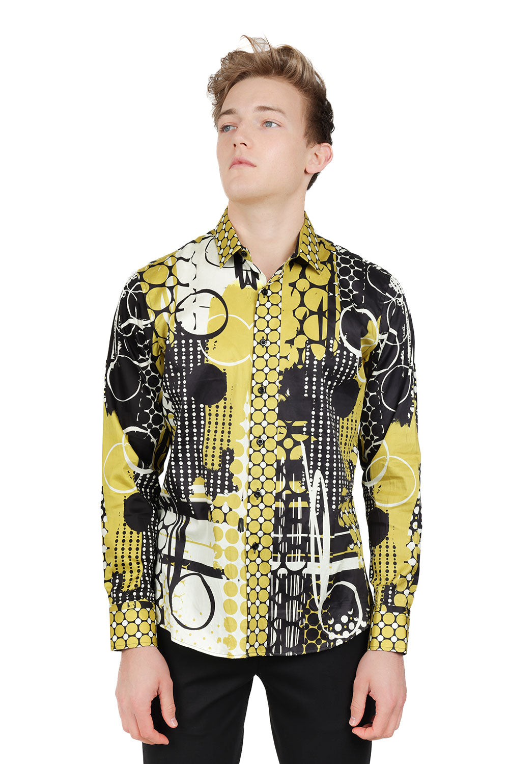 Barabas Men's Oval Geo Prints Design Luxury Button Down Shirt SP17 Gold