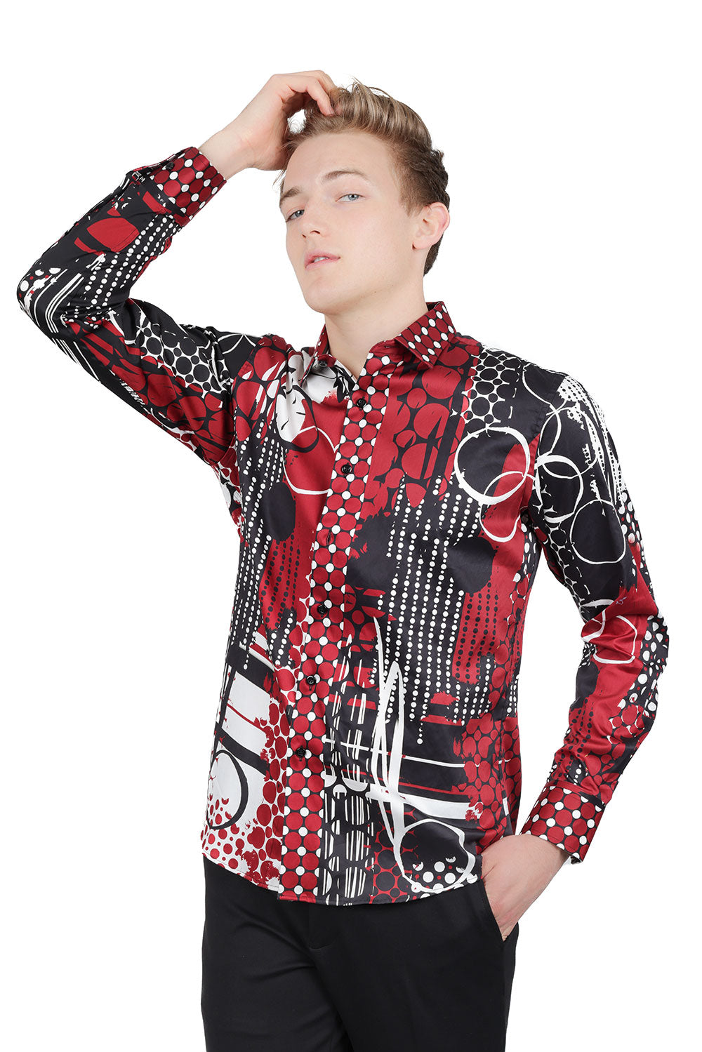 Barabas Men's Oval Geo Prints Design Luxury Button Down Shirt SP17 Red