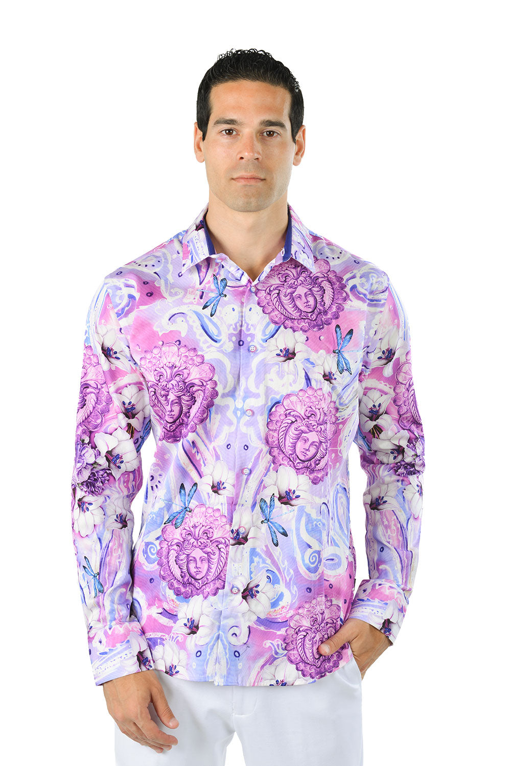 Barabas Men's Luxury Medusa Dragonfly Floral Baroque Shirt SP19