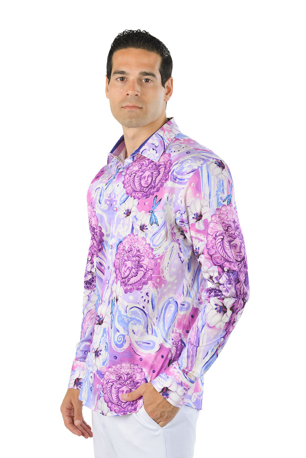 Barabas Men's Luxury Medusa Dragonfly Floral Baroque Shirt SP19