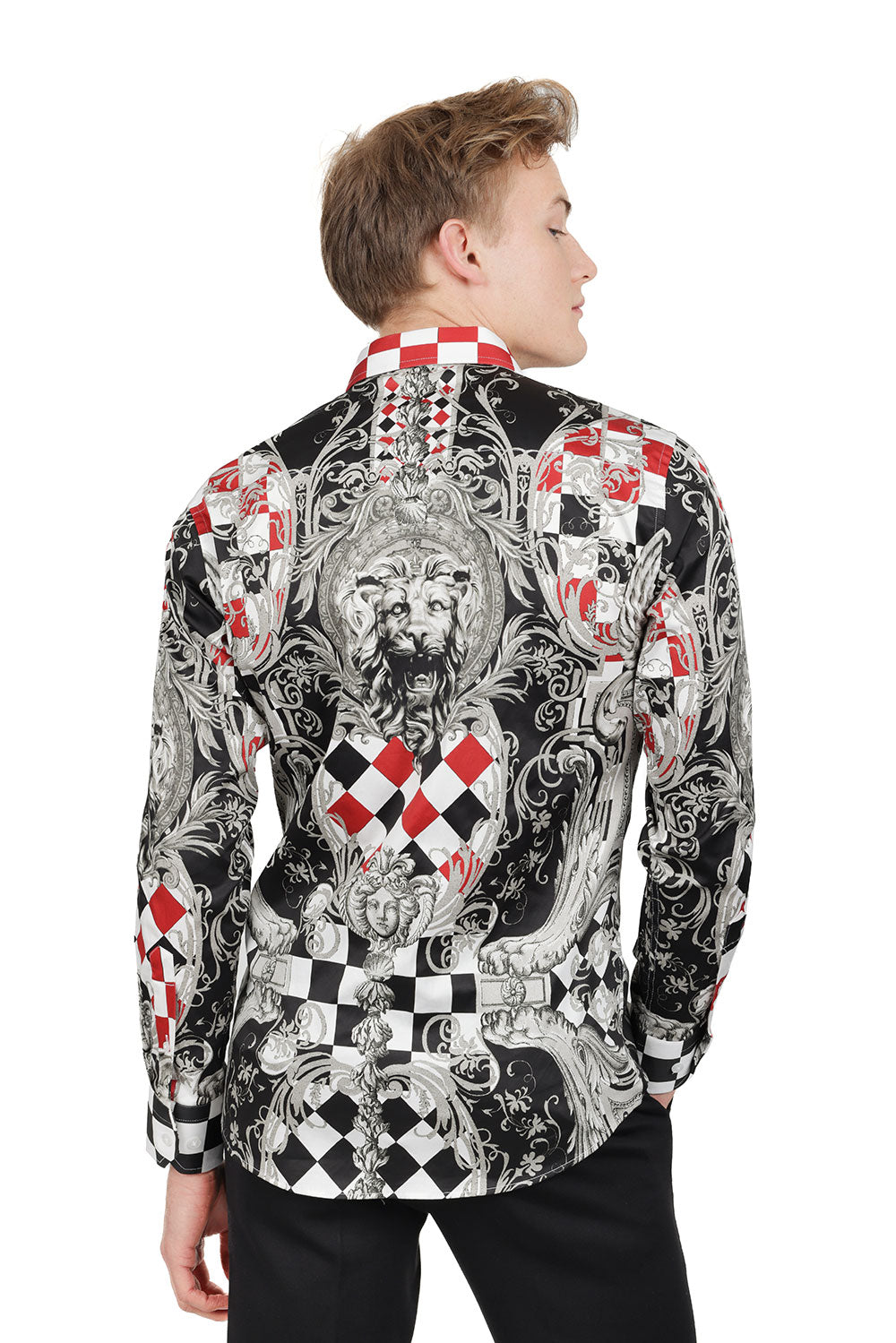 BARABAS Men's Medusa Checkered Lion Baroque Button Down Shirt SP20 Black Red
