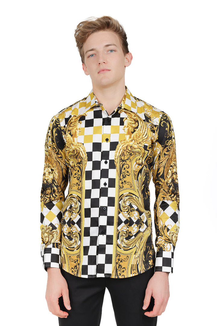 BARABAS Men's Medusa Checkered Lion Baroque Button Down Shirt SP20 Gold