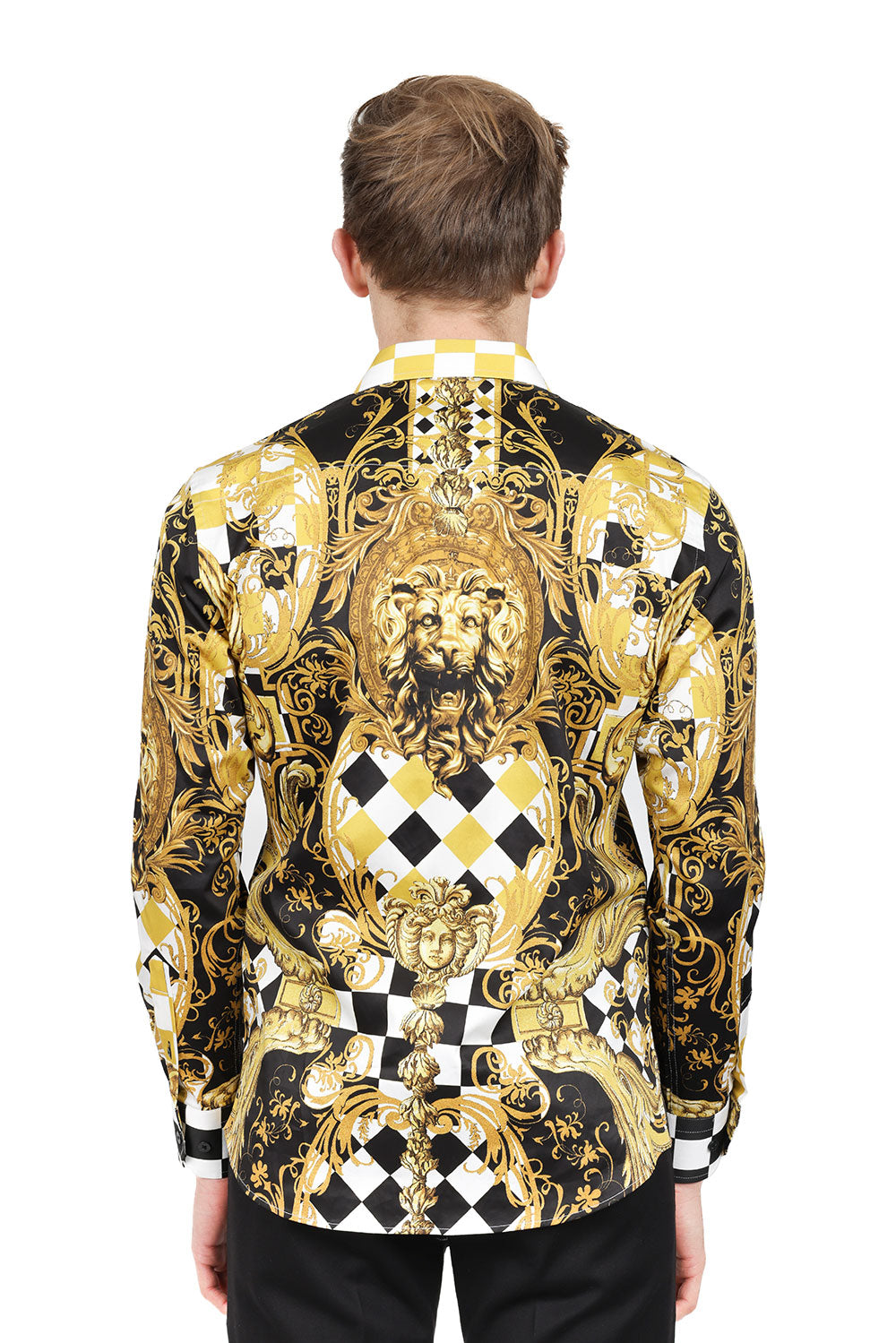 BARABAS Men's Medusa Checkered Lion Baroque Button Down Shirt SP20 Gold