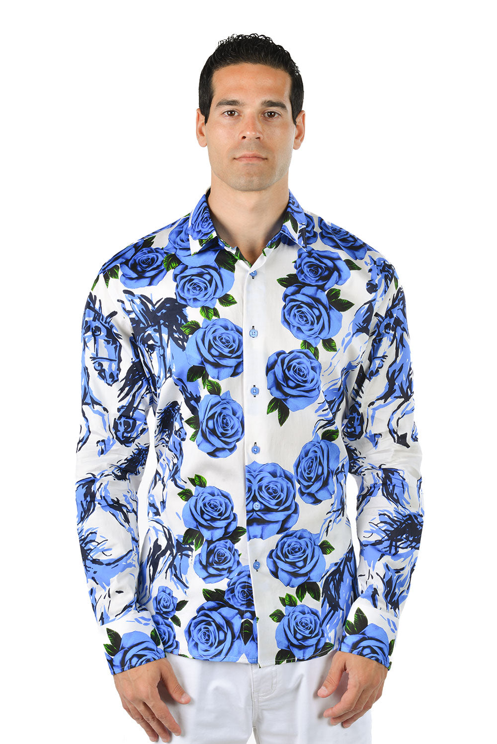 Barabas Men's Wild Horses Floral Button Down Long Sleeve Shirt SP21 Royal Blue