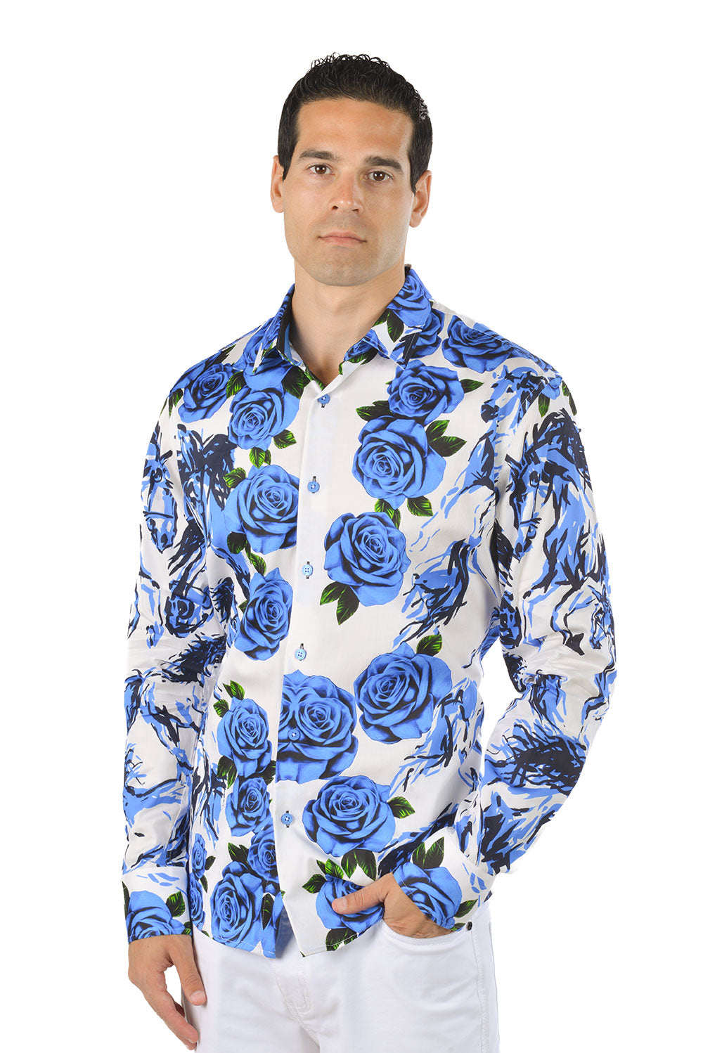 Barabas Men's Wild Horses Floral Button Down Long Sleeve Shirt SP21 Royal Blue