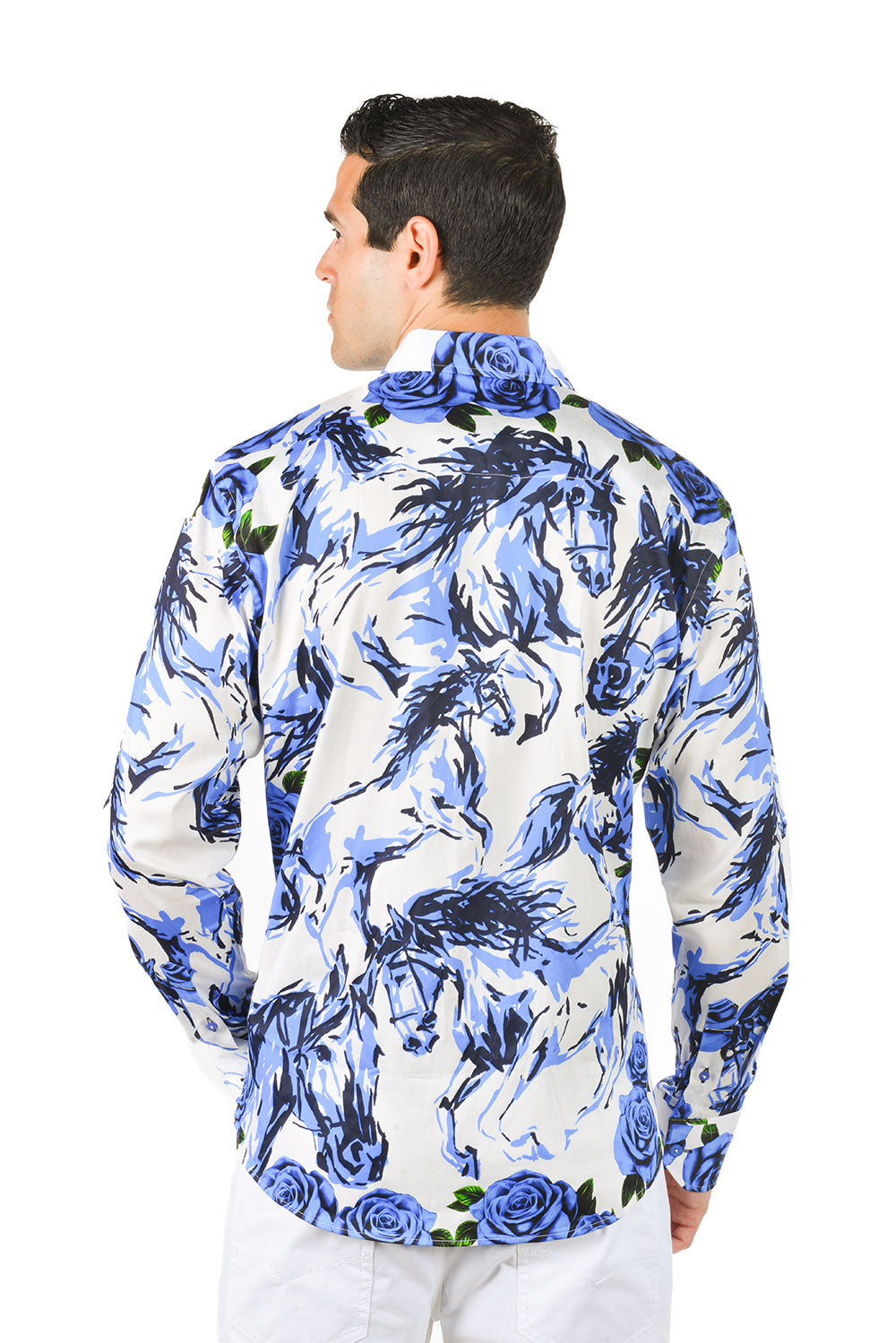 Barabas Men's Wild Horses Floral Button Down Long Sleeve Shirt SP21 Royal Blue