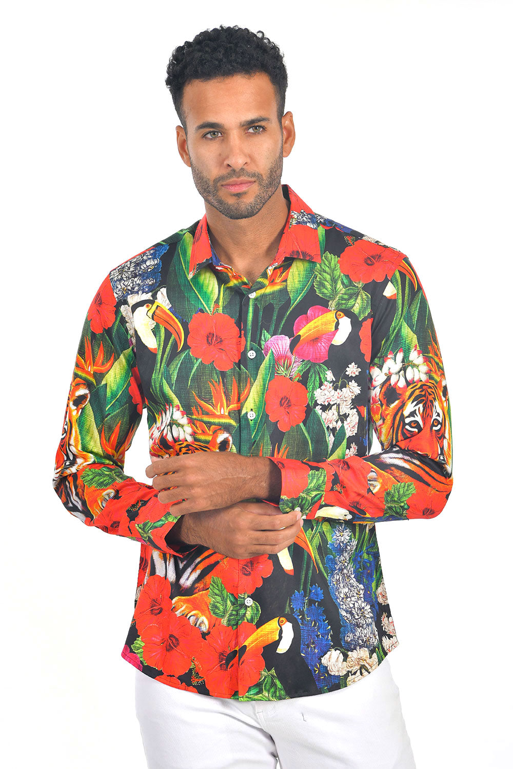 Barabas men multi color floral tiger toucan printed dress shirt SP212