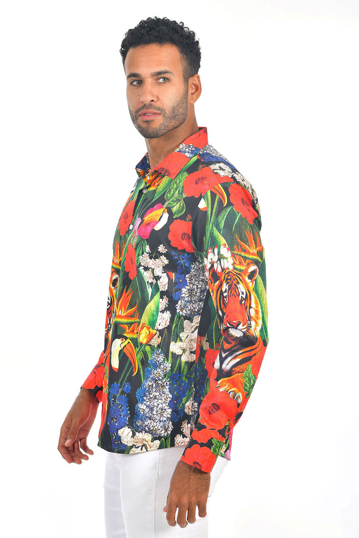 Barabas men multi color floral tiger toucan printed dress shirt SP212