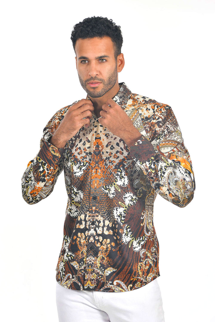 Barabas men multi floral tiger butterfly printed dress shirt SP213