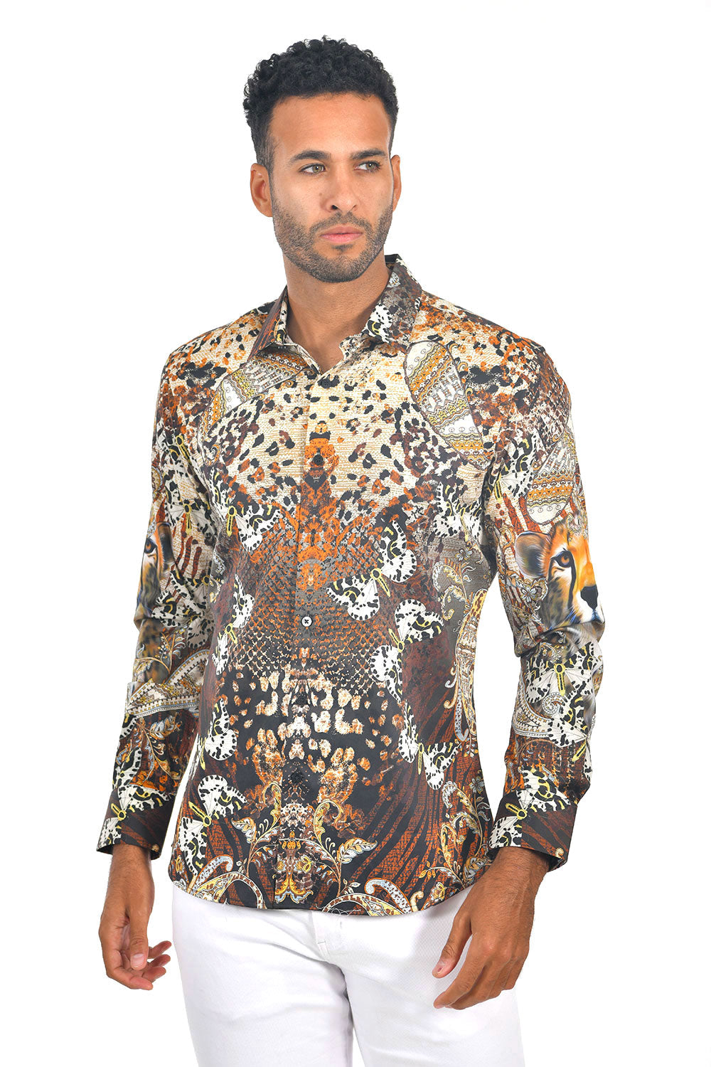 Barabas men multi floral tiger butterfly printed dress shirt SP213