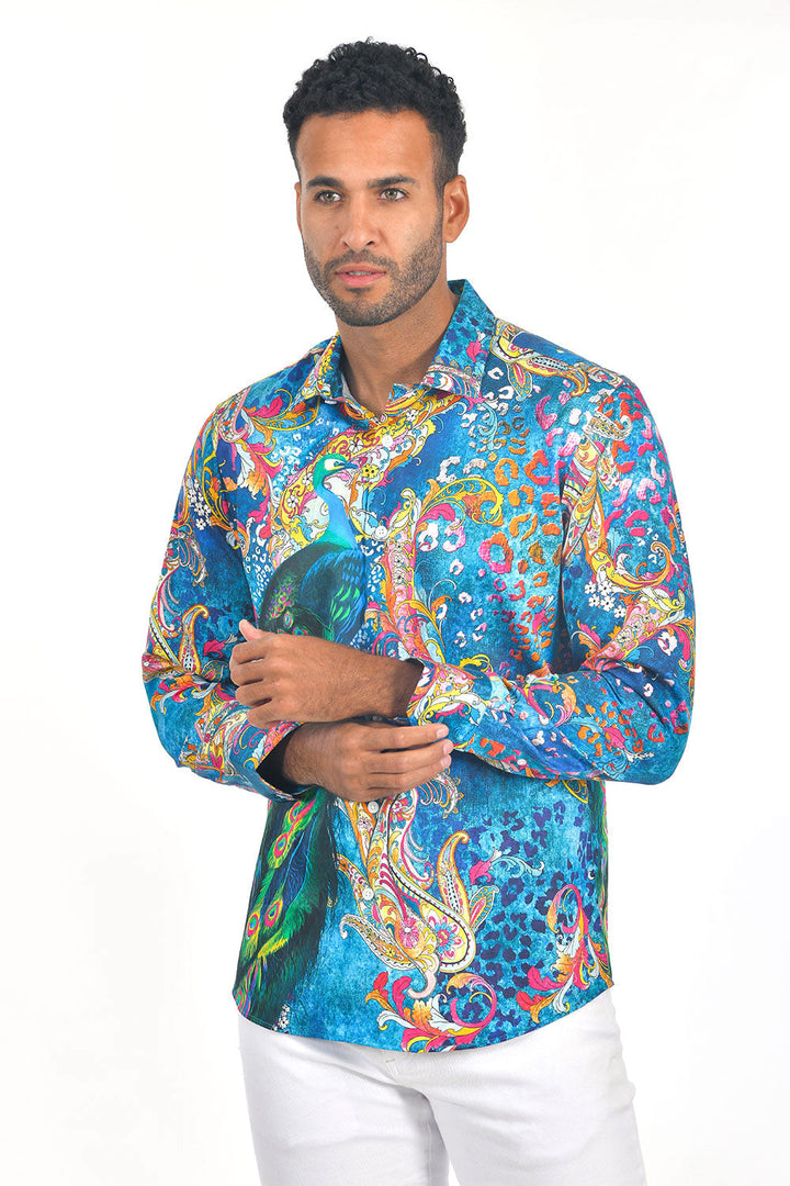 Barabas men multi color peacock orientalism printed dress shirt SP214