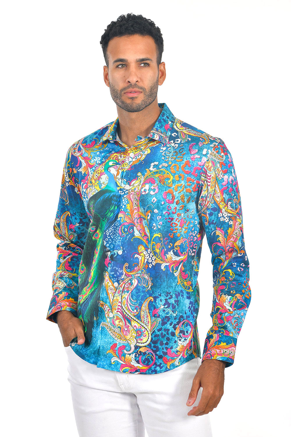 Barabas men's Baroque Peacock Floral printed Long Sleeve Shirt SP214