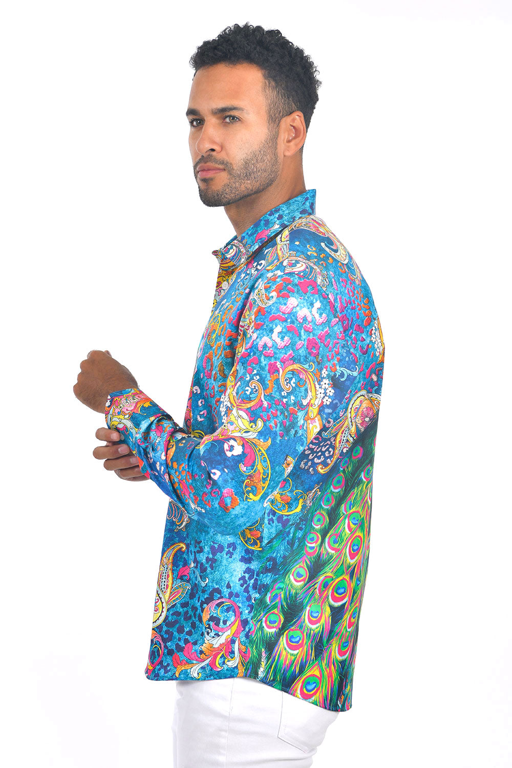 Barabas men multi color peacock orientalism printed dress shirt SP214