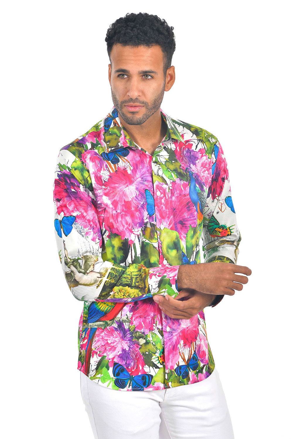 Barabas men multi color floral Butterfly printed dress shirt SP215