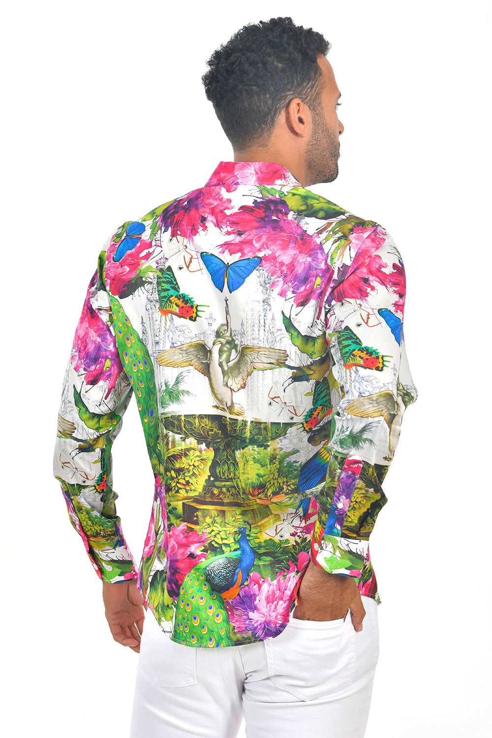 Barabas men multi color floral Butterfly printed dress shirt SP215