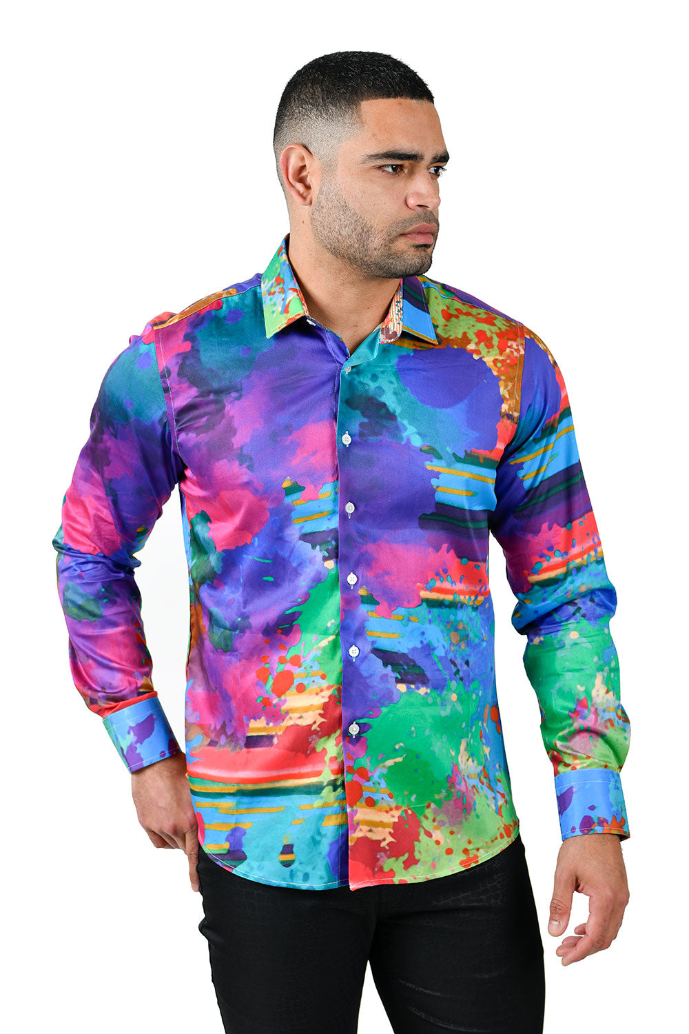 BARABAS men's abstract paint printed long sleeve shirts SP221