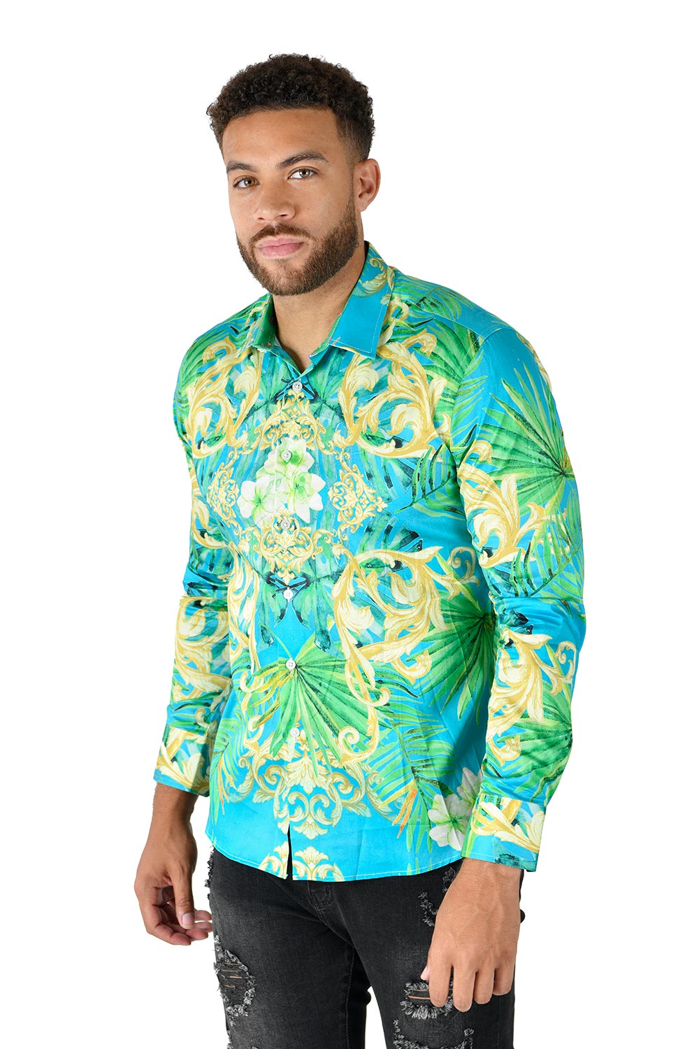 BARABAS Men's Printed Floral Leaf Long Sleeve Button Down Shirts SP226 teal 