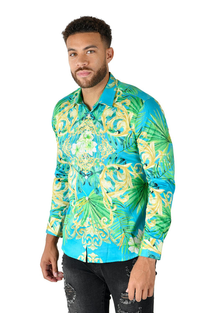 BARABAS Men's Printed Floral Leaf Long Sleeve Button Down Shirts SP226 teal 