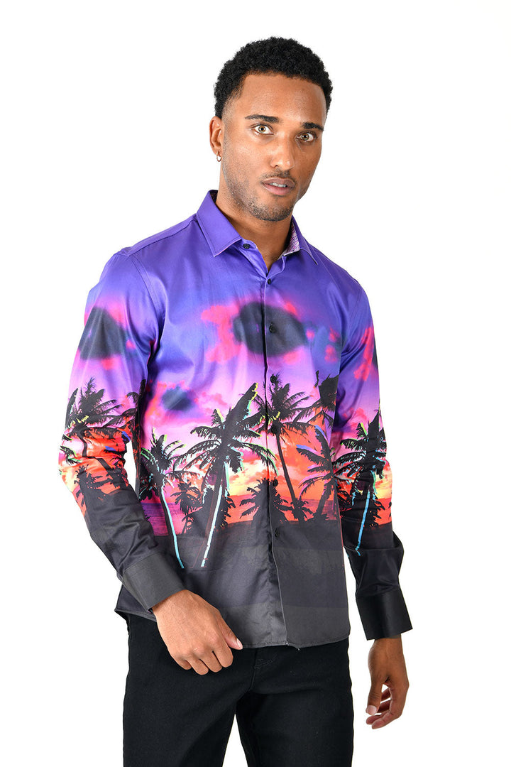 BARABAS Men's Sunset Palm Printed Button Down Shirts SP227