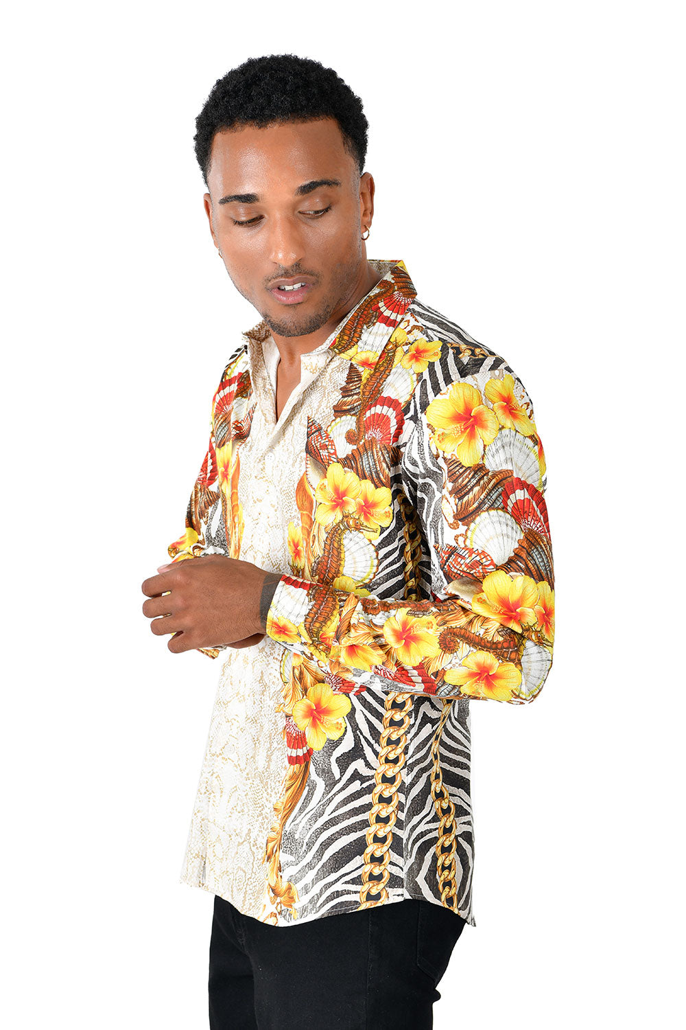 BARABAS men's Sea Horse Shell Floral Print long sleeve shirts SP251