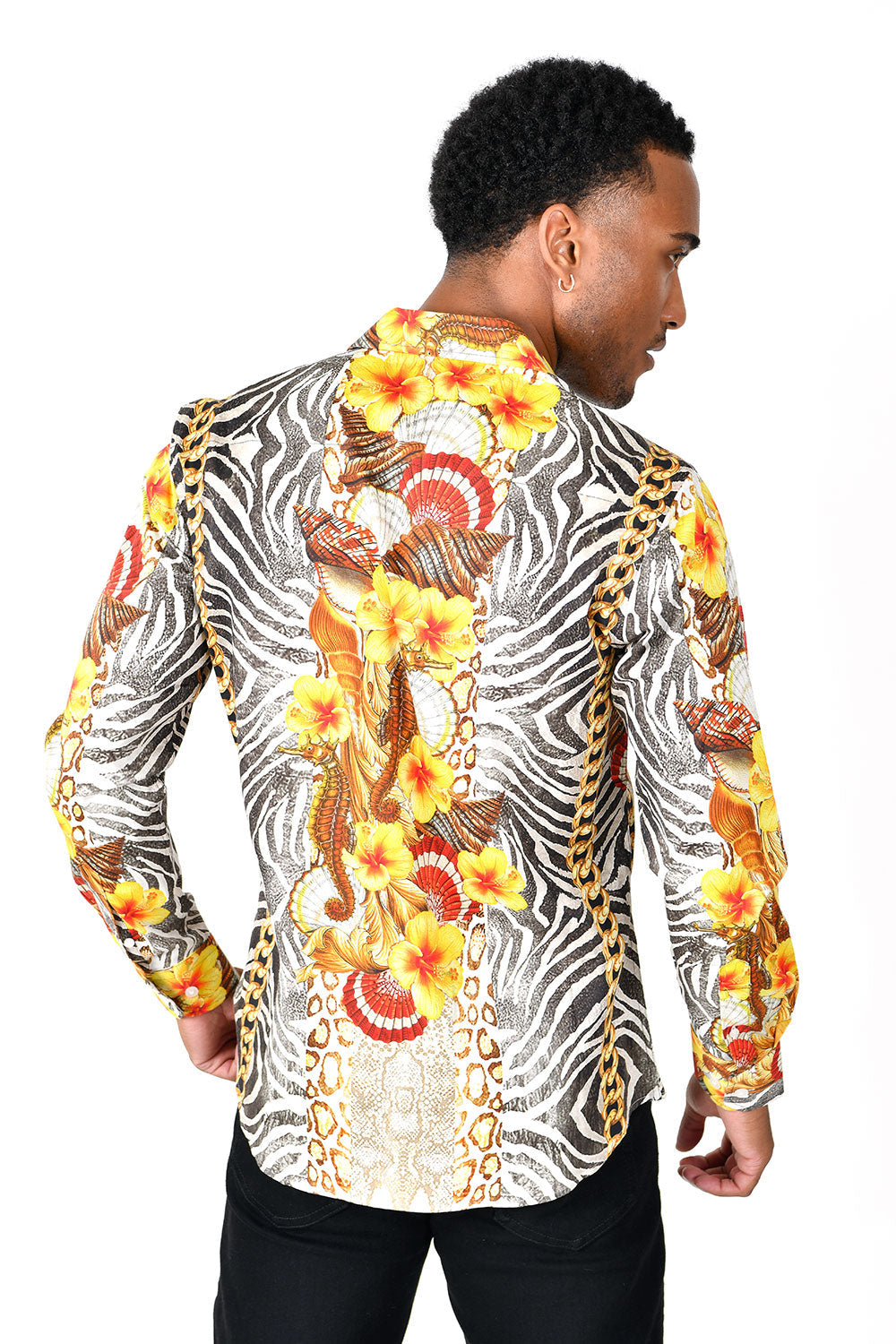 BARABAS men's Sea Horse Shell Floral Print long sleeve shirts SP251