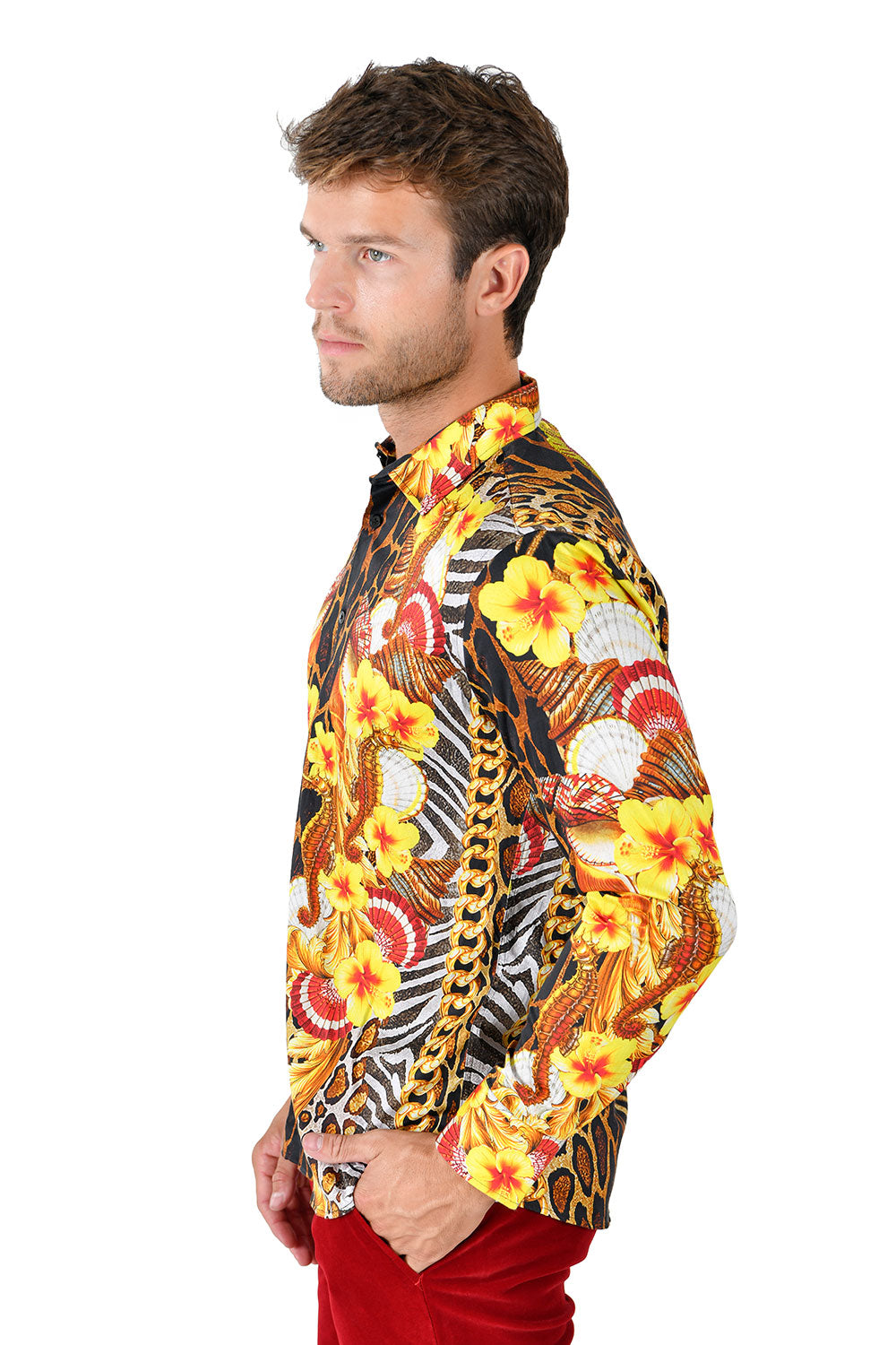 BARABAS men's Sea Horse Shells Floral Print long sleeve shirts SP252