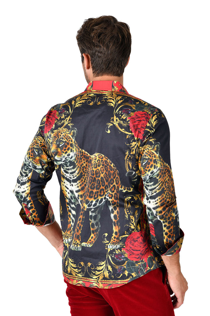 BARABAS Mens Tiger Roses Long Sleeve Button Down Baroque shirts SP263 Black