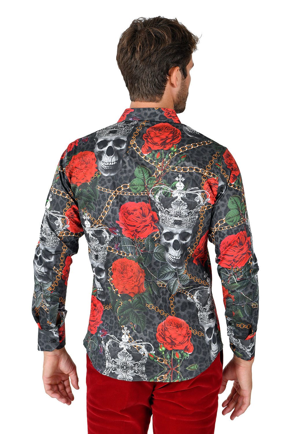 BARABAS Men's Printed Skull Chain Floral Rose Crown Shirts SP264
