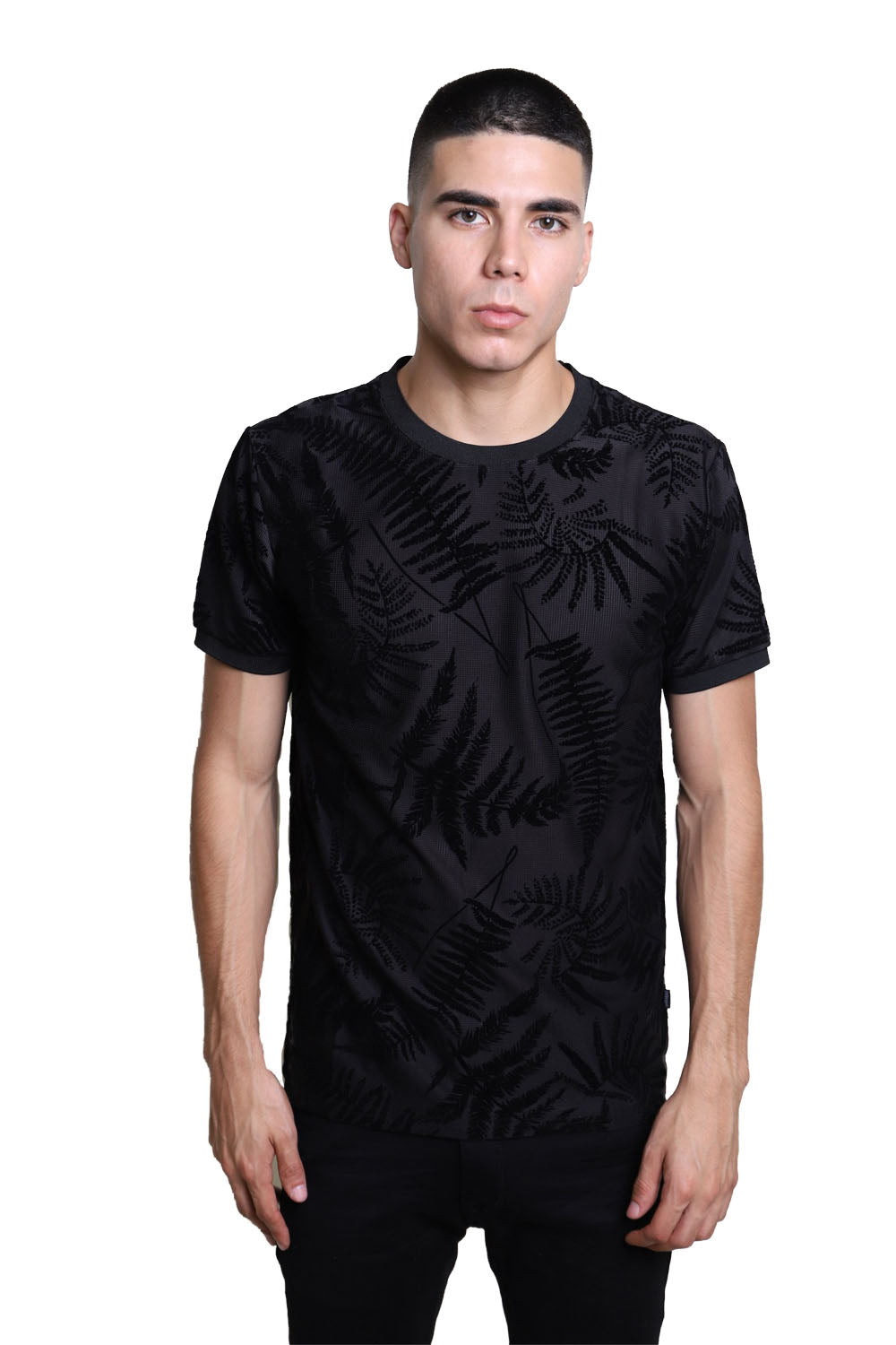 BARABAS men's leaf textured fabric crew neck black white T-Shirt SP505