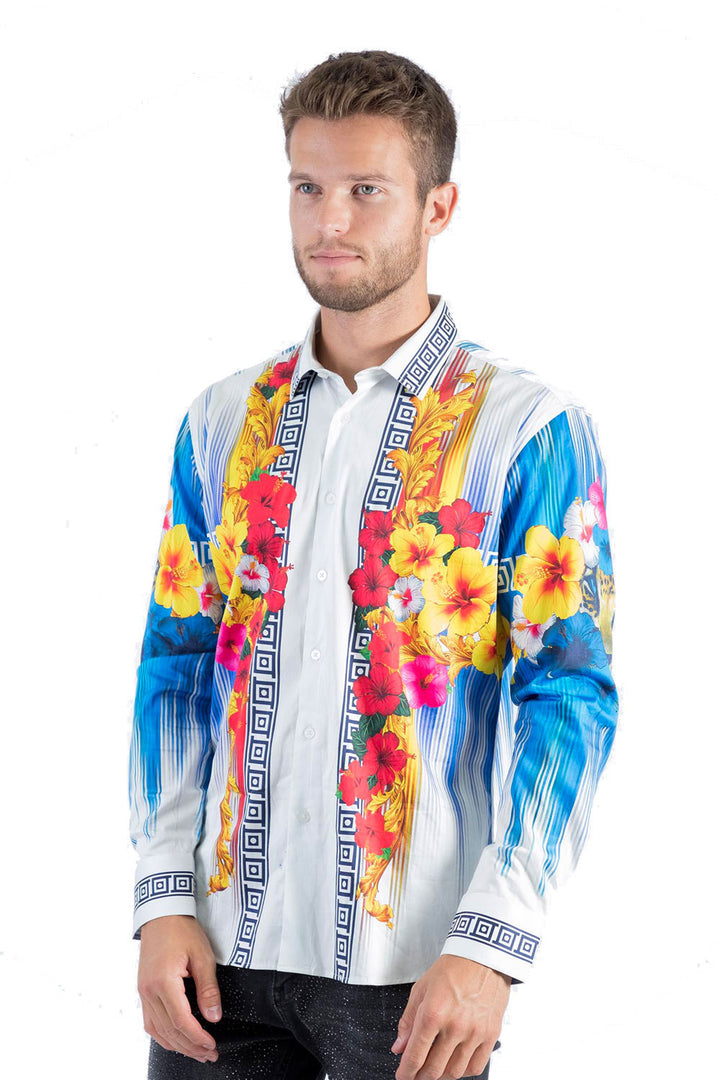 BARABAS Men's Printed Floral Greek Pattern Button Down Shirts  SP612