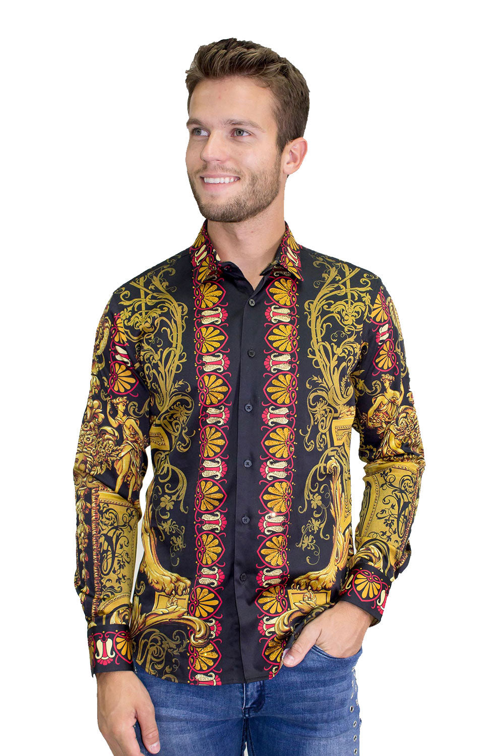 BARABAS Men's Orientalism Pattern Printed Black Button Down Shirts B965