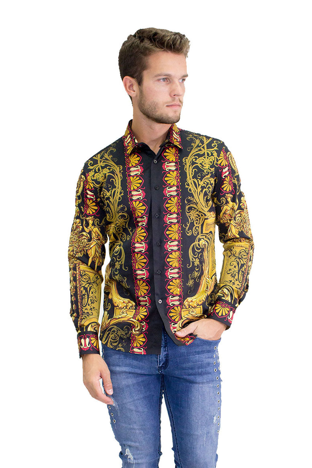 BARABAS Men's Orientalism Pattern Printed Black Button Down Shirts B965