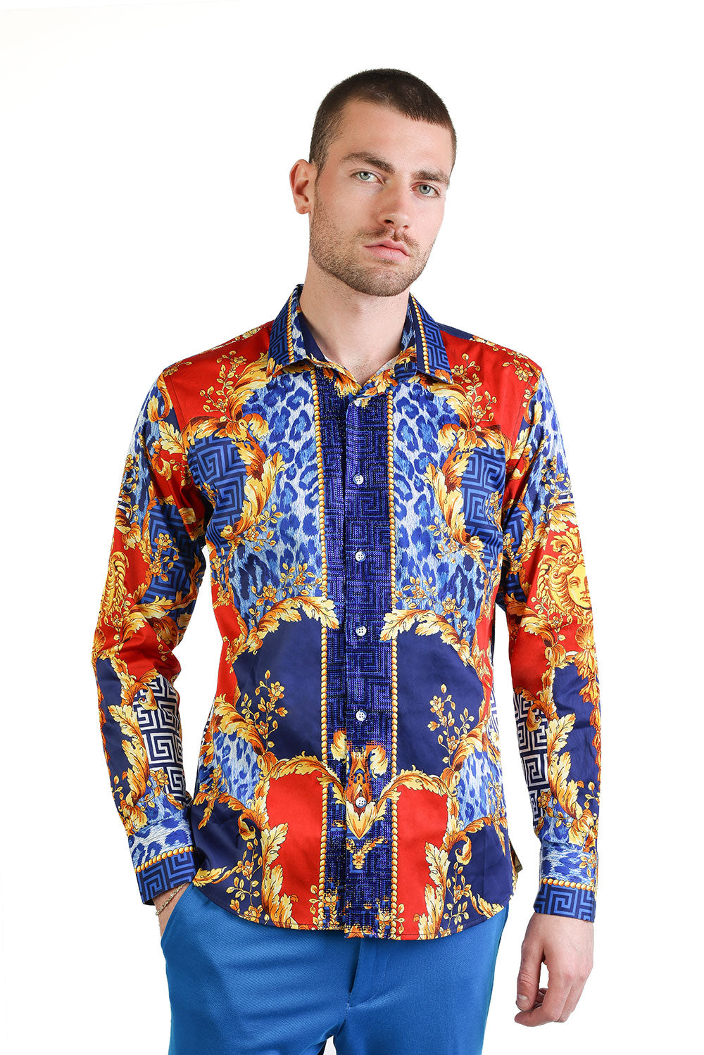 BARABAS Men's Rhinestone Medusa Floral Greek Key Baroque Shirt SPR01  Blue Red