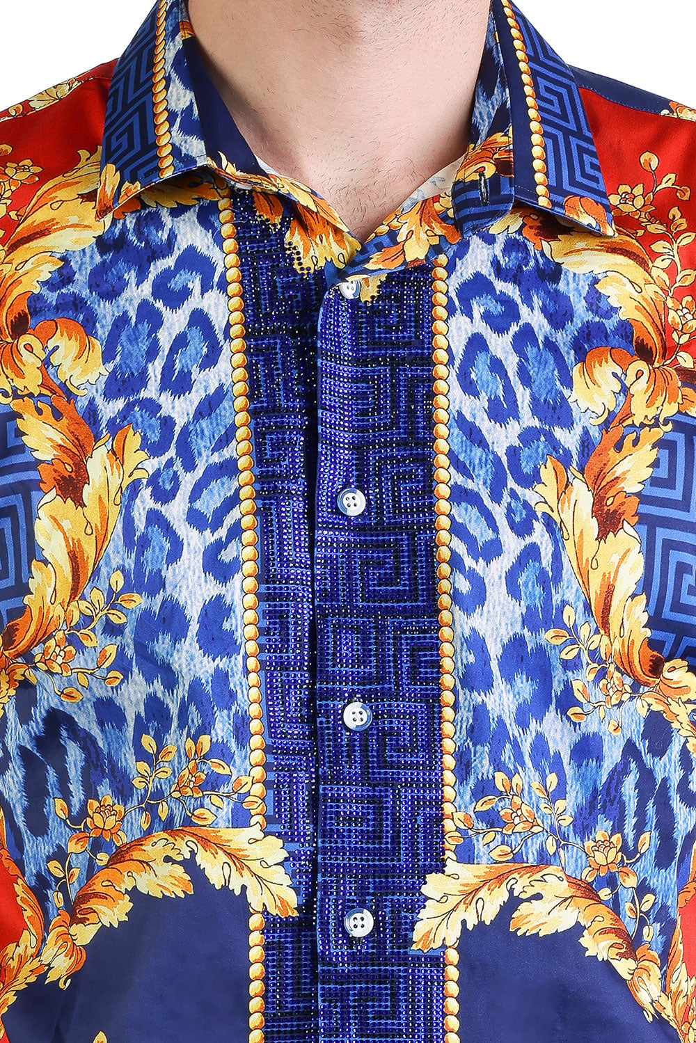 BARABAS Men's Rhinestone Medusa Floral Greek Key Baroque Shirt SPR01  Blue Red