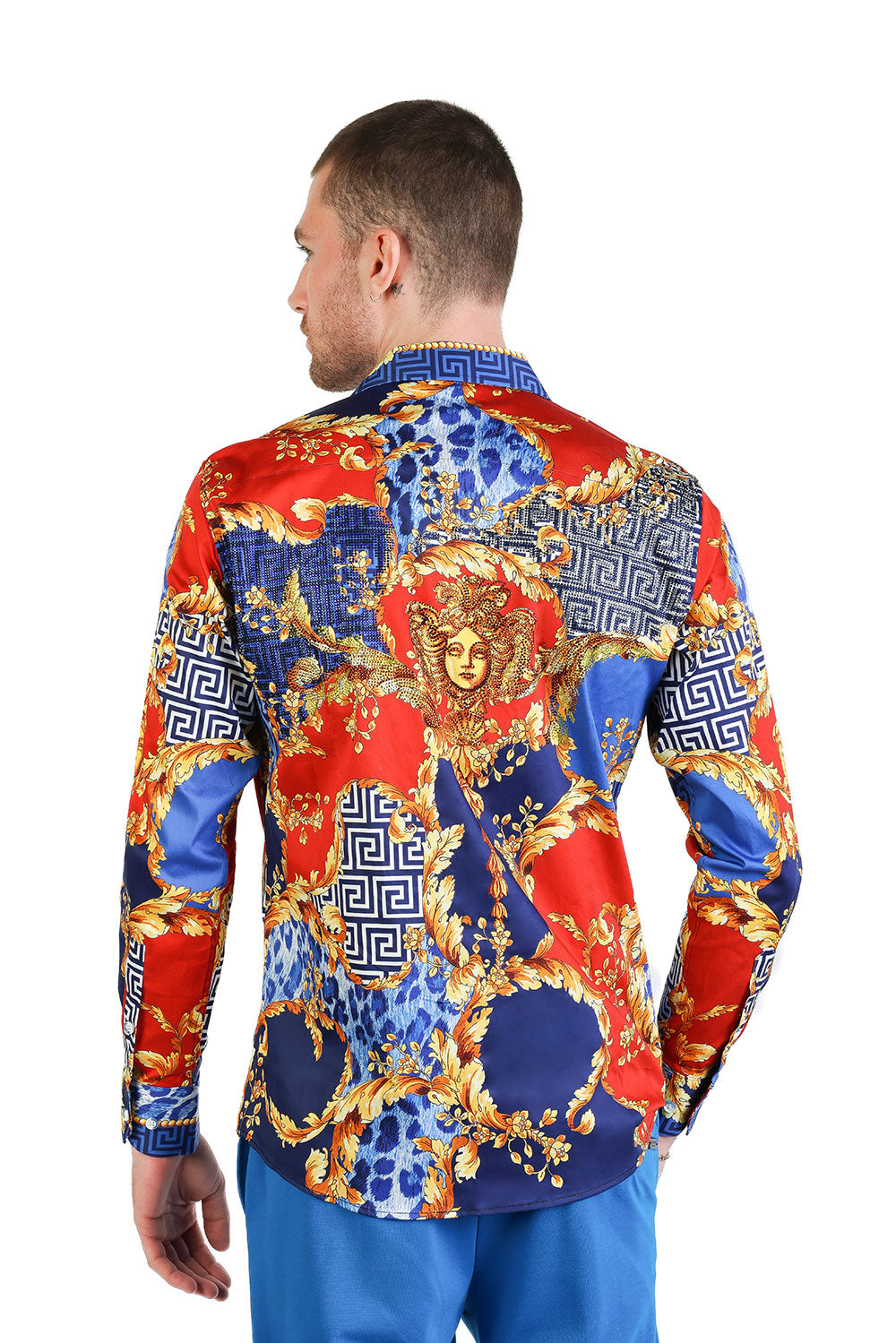 BARABAS Men's Rhinestone Medusa Floral Greek Key Baroque Shirt SPR01  Blue Red