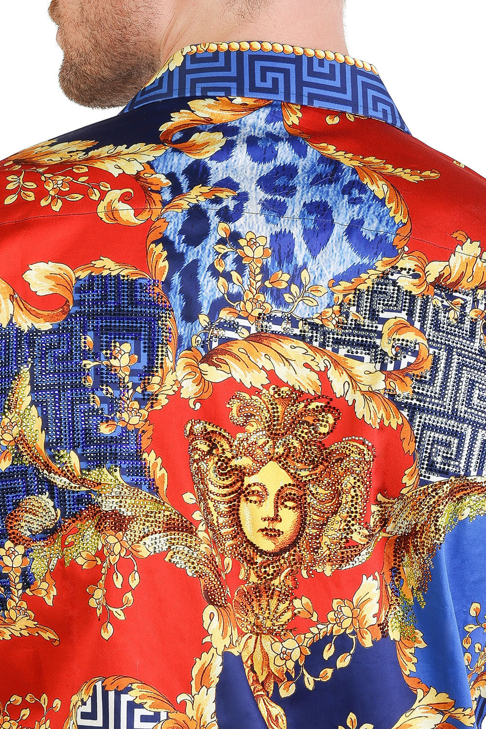 BARABAS Men's Rhinestone Medusa Floral Greek Key Baroque Shirt SPR01  Blue Red