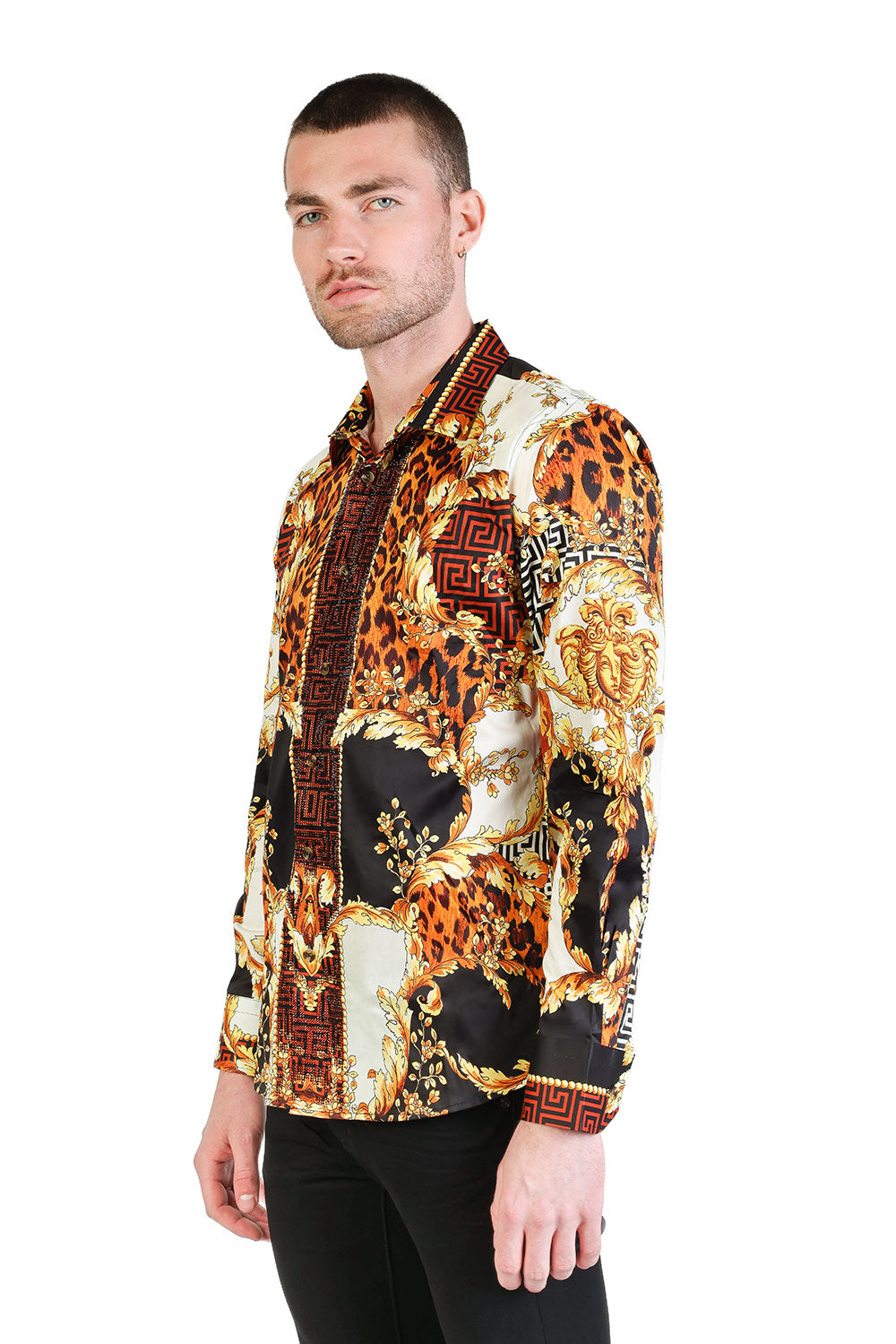 BARABAS Men's Rhinestone Medusa Floral Greek Key Baroque Shirt SPR01 Gold