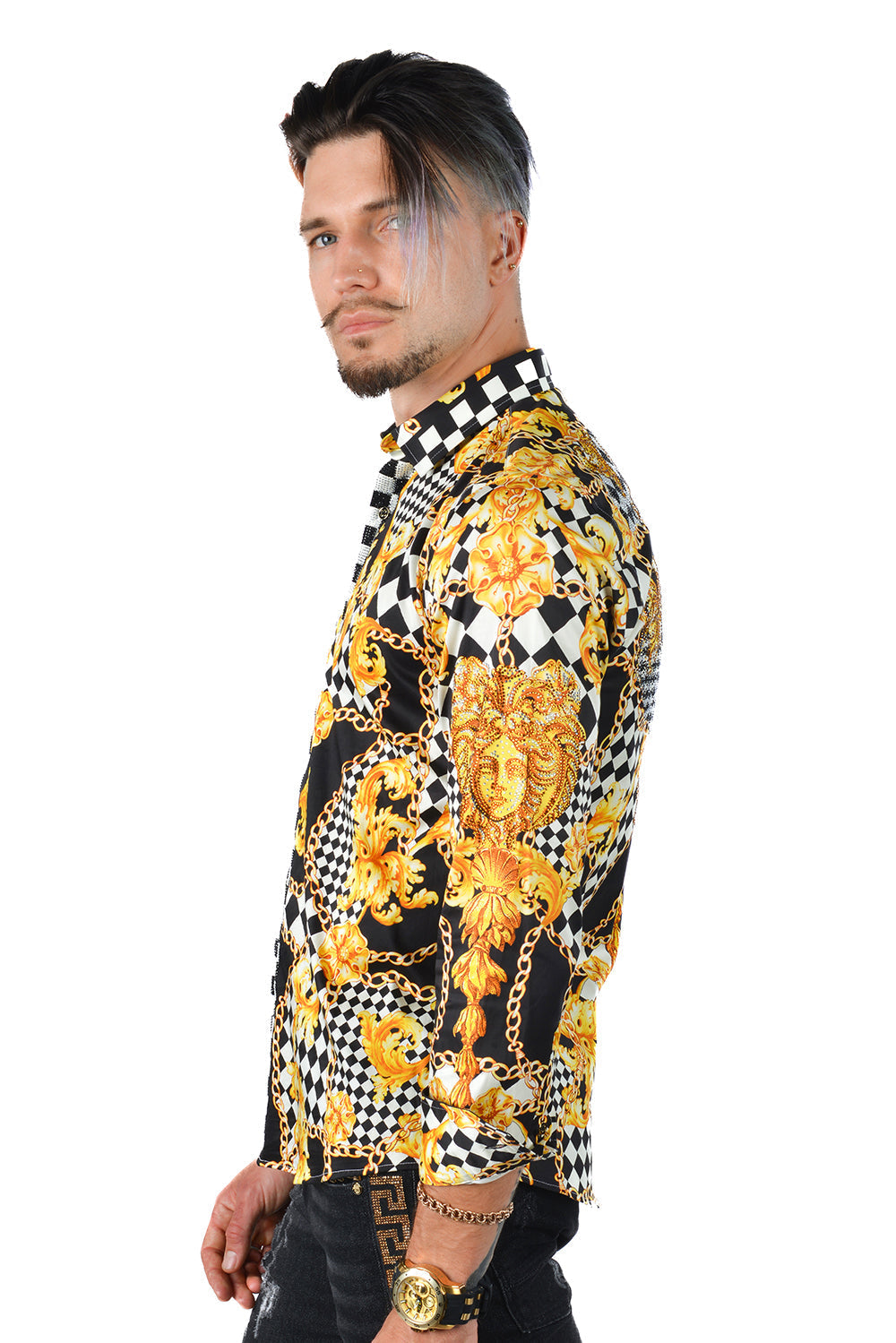 BARABAS Men's Medusa Floral Checkered Baroque Button Down Shirt SPR02 Black