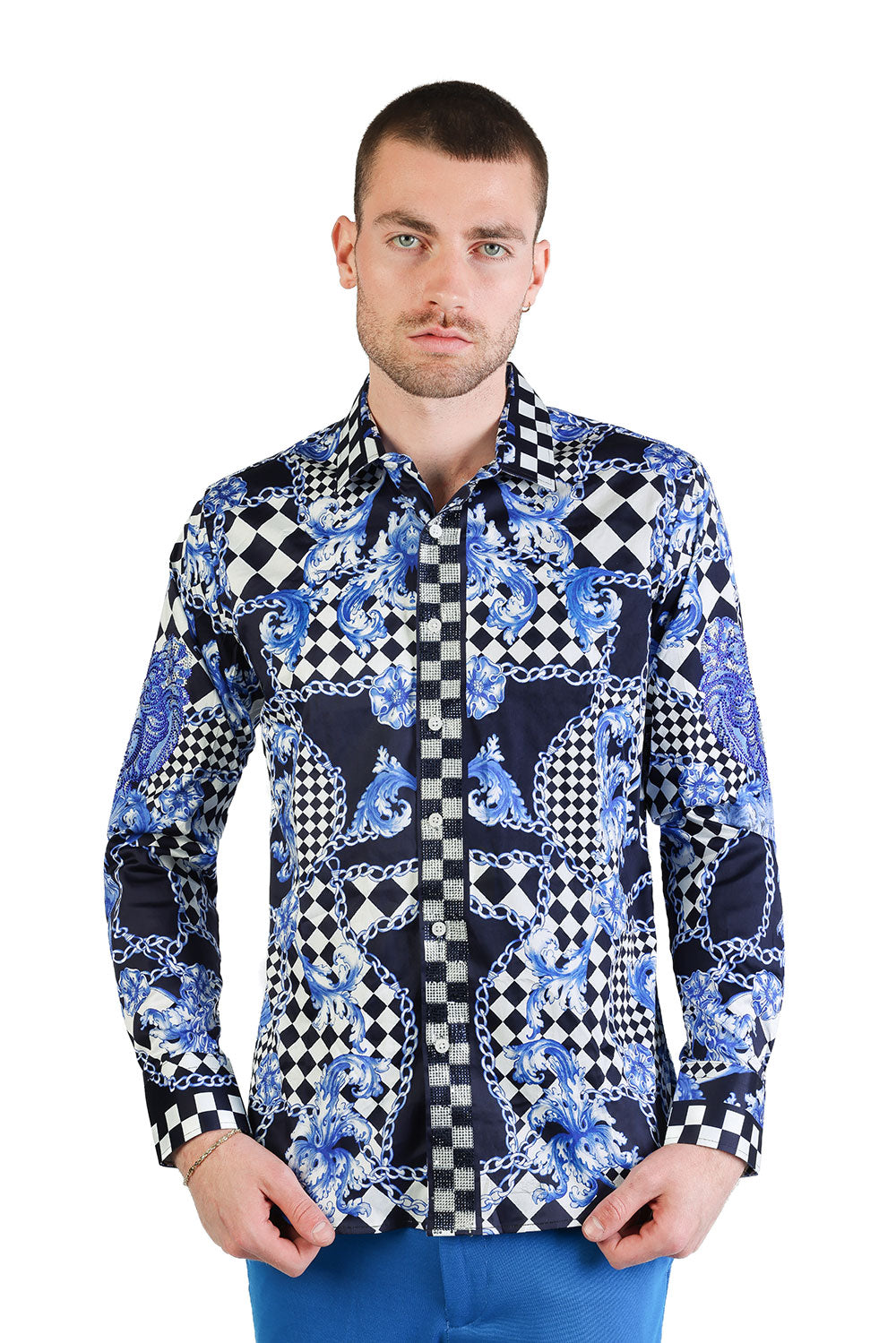 BARABAS Men's Medusa Floral Checkered Baroque Button Down Shirt SPR02 Navy