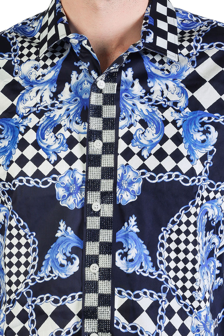 BARABAS Men's Medusa Floral Checkered Baroque Button Down Shirt SPR02 Navy