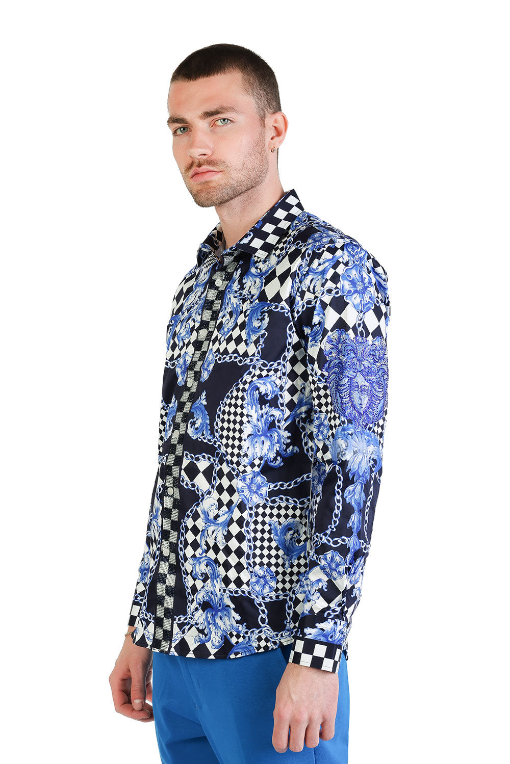 BARABAS Men's Medusa Floral Checkered Baroque Button Down Shirt SPR02 Navy