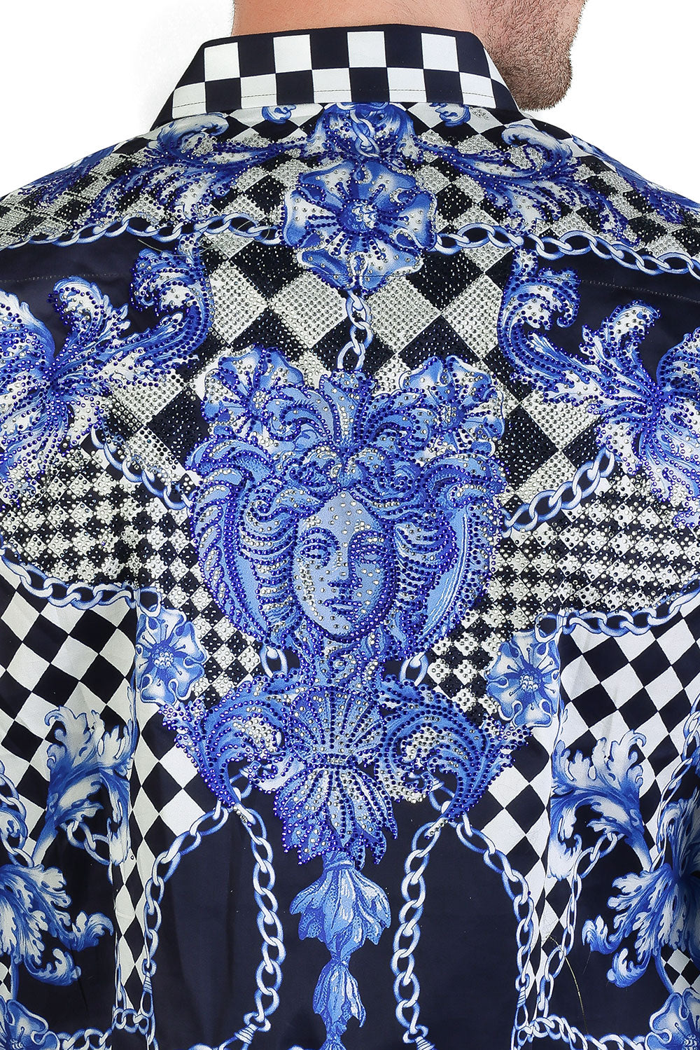 BARABAS Men's Medusa Floral Checkered Baroque Button Down Shirt SPR02 Navy